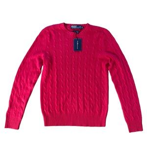NEW Polo Ralph Lauren 100% Cashmere Cable Knit Sweater Red Crew Neck